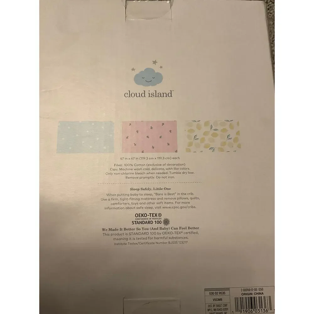 NEW Baby Swaddle Blankets Muslin 3 Pack RETIRED Cloud Island Yellow Pink Mint